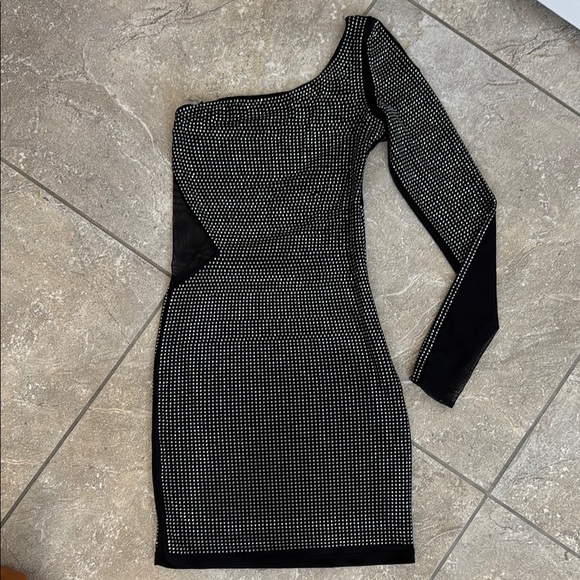 Bebe Black Rhinestone and Mesh One-Shoulder Bodycon Dress - Picture 2 of 4